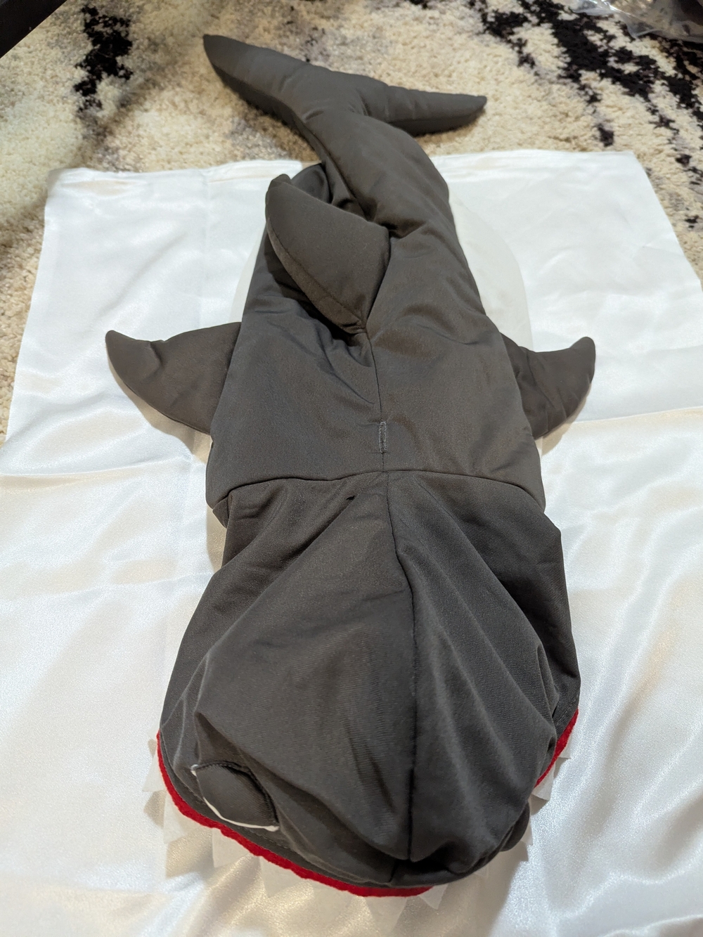 Gray Shark Plush Costume Hood with Red Trim For Dogs large